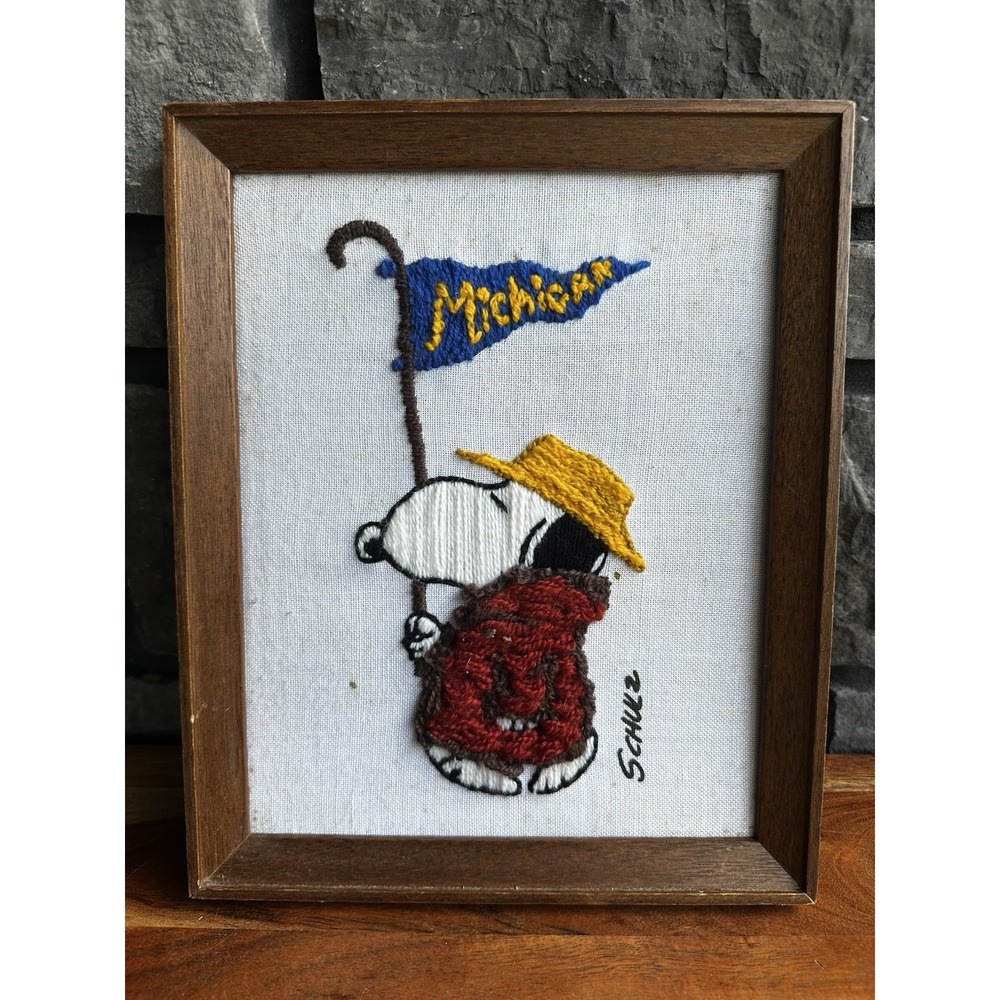 Vintage Peanuts Snoopy Framed Crewel Stitch Embroidery Michigan State Wolverines
